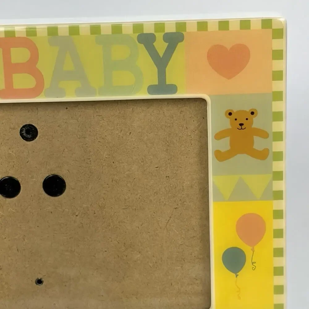 VTG Baby Picture Frame Pastel Boy Girl Teddy Bear Duck Moon Stars Checker 8x6”